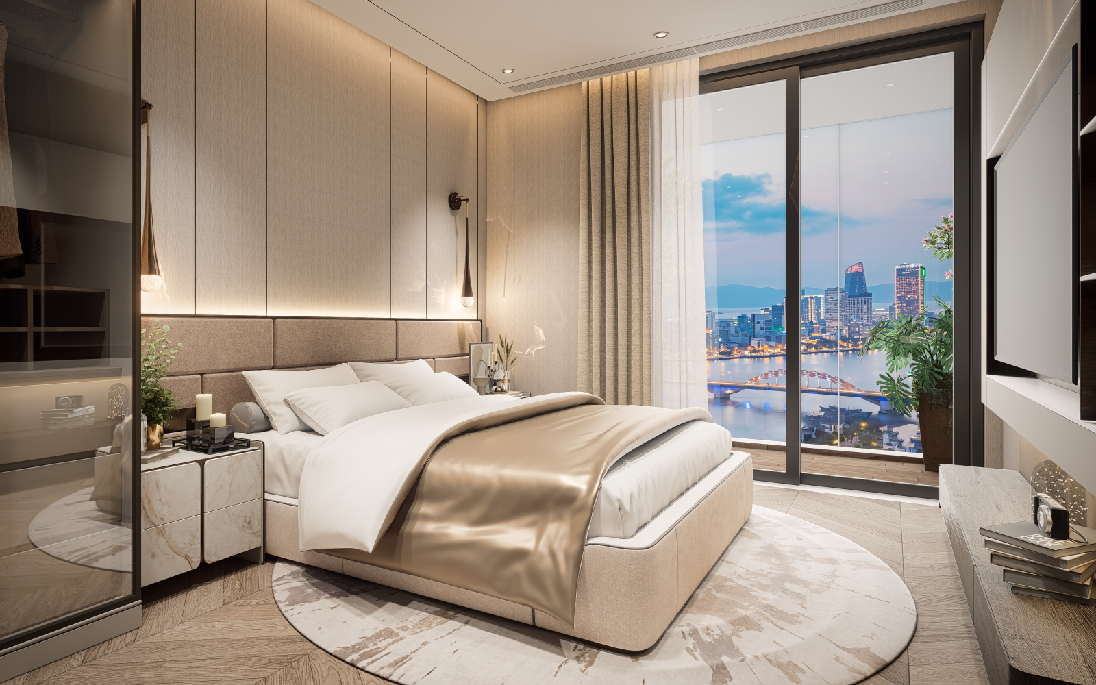 Phòng ngủ thiết kế sang trọng, view nhìn ra sông thơ mộng
